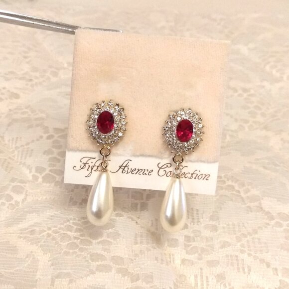 Vintage Red Garnet & Clear Crystal Pearl Gold Tone Dangle Drop Earrings - Picture 1 of 8